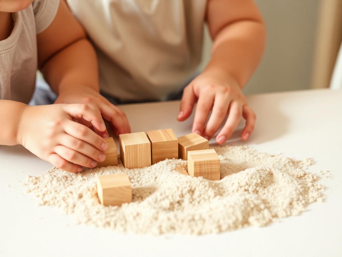 Children's hands playing with wooden blocks and sand